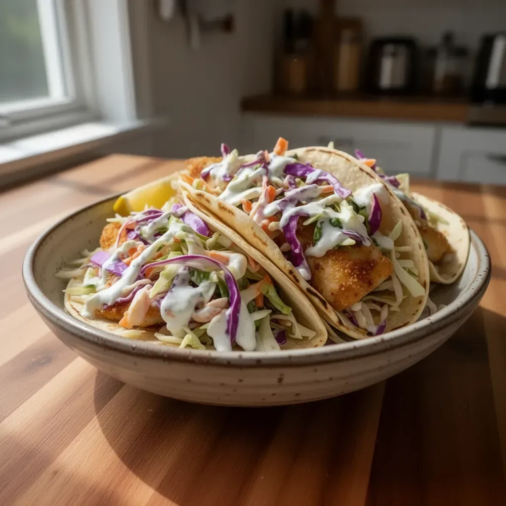 Cabbage slaw served with delicious fish tacos
