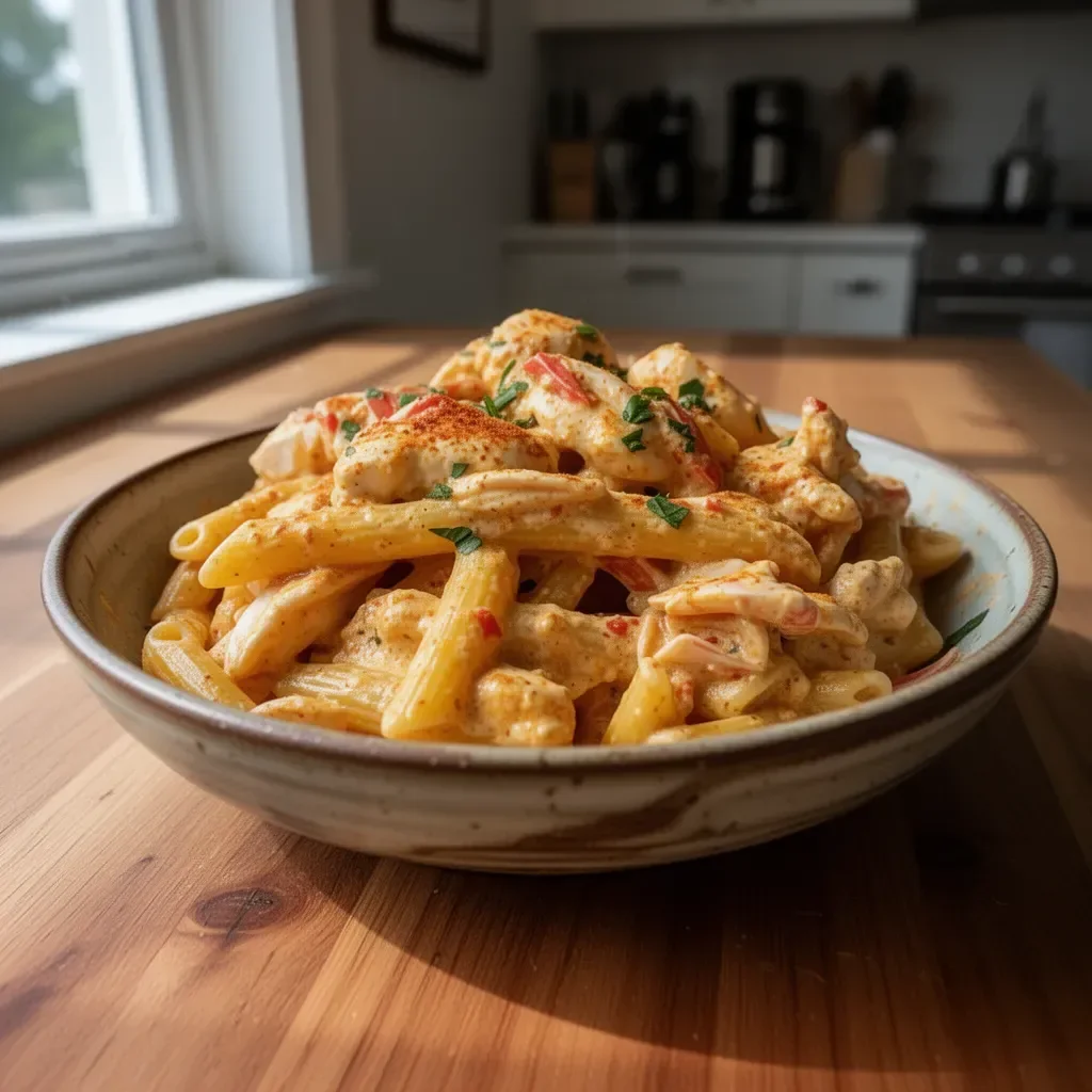 Plate of Cajun Crab Pasta garnished with herbs and spices