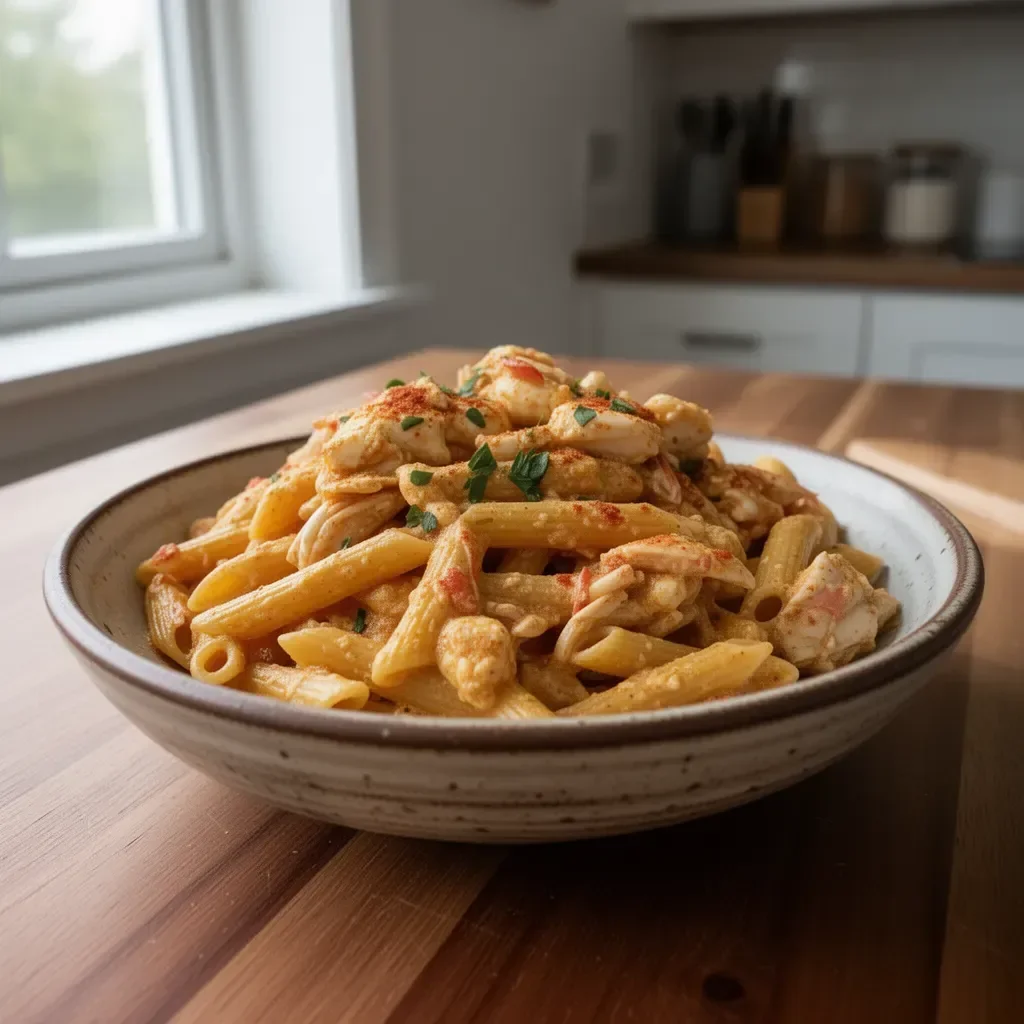Delicious Cajun Crab Pasta with spices and fresh crab