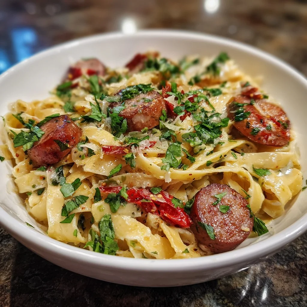 A bowl of Cajun Sausage Pasta garnished with herbs and spices.