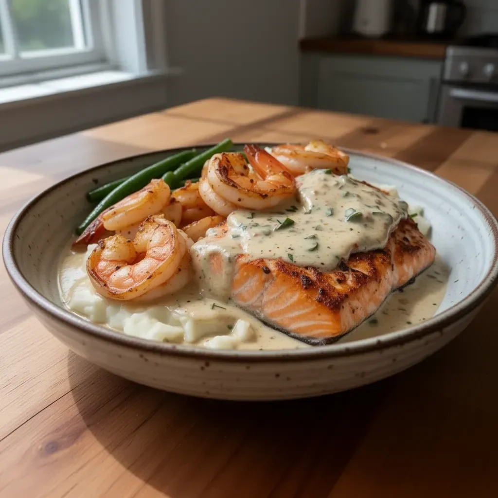 Cajun shrimp and salmon dish with garlic cream sauce on a plate