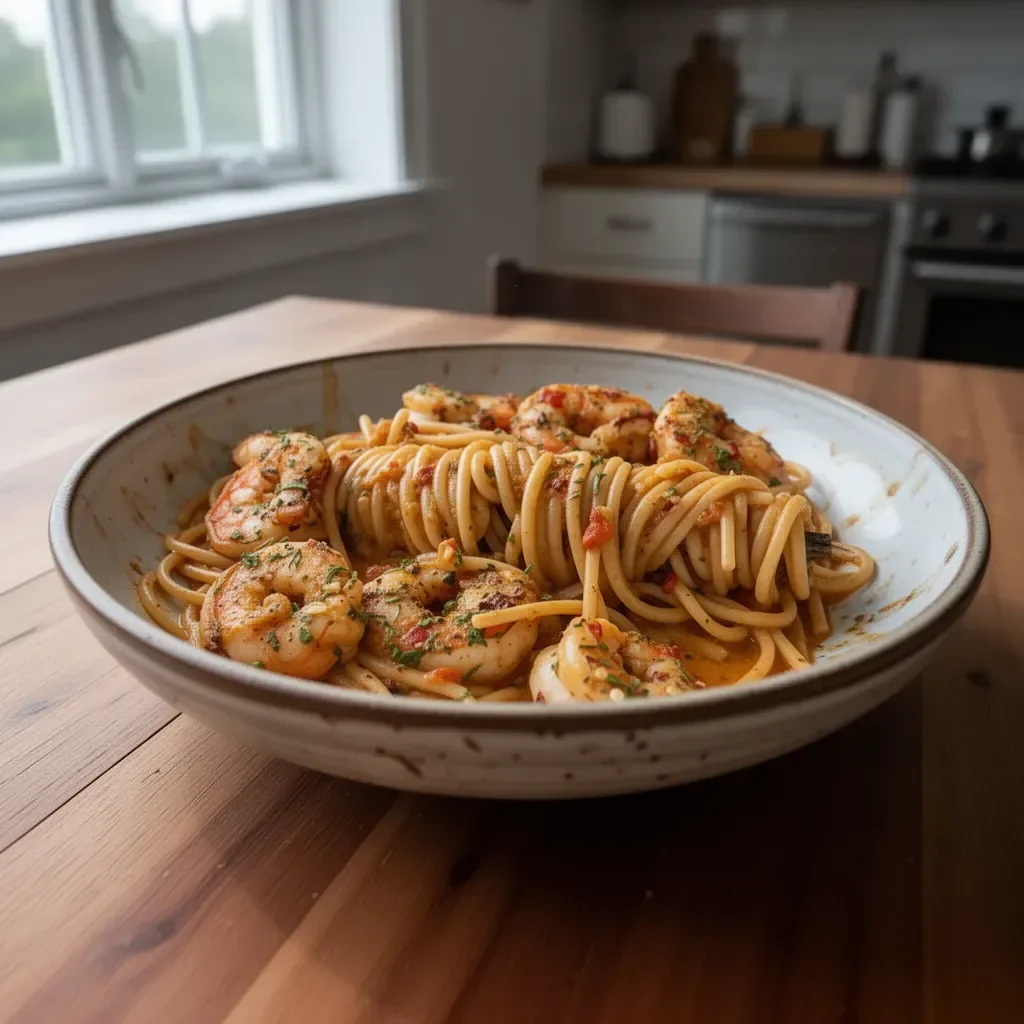 Delicious Cajun Shrimp Pasta served in a creamy sauce with spices and shrimp.