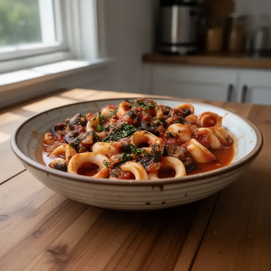 Delicious calamari served in rich puttanesca sauce with tomatoes and olives