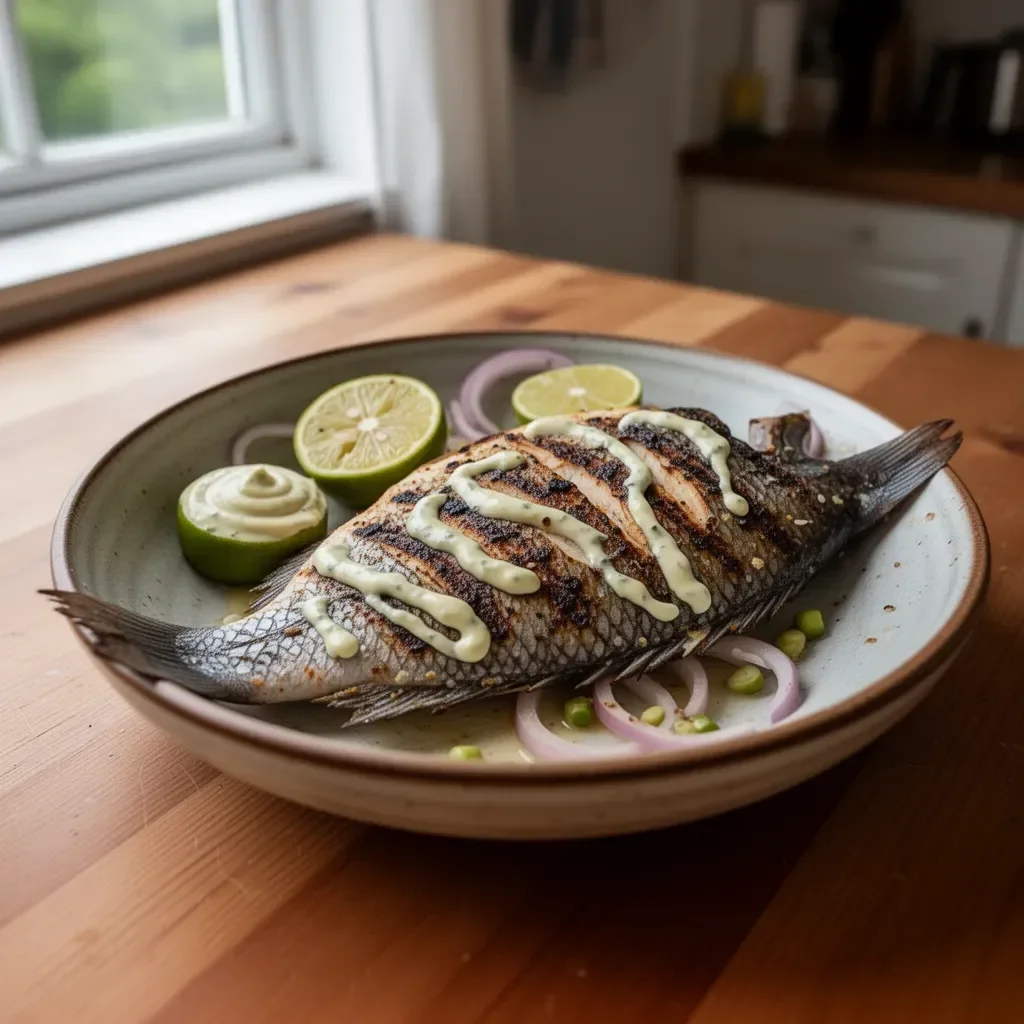 Caribbean grilled snapper garnished with garlic aioli and herbs.