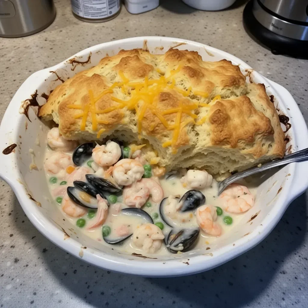 Cheddar Bay Biscuit Seafood Pot Pie served in a bowl with fresh herbs.