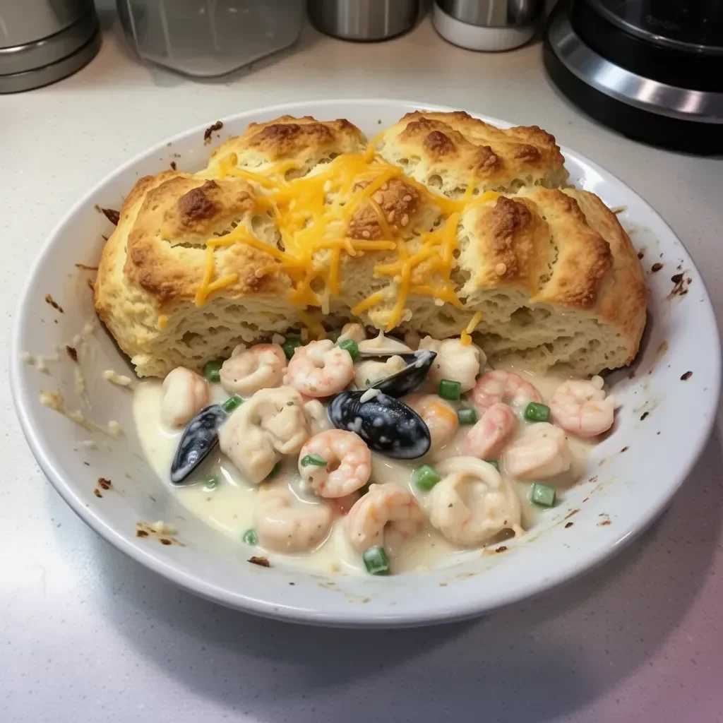 Delicious Cheddar Bay Biscuit Seafood Pot Pie served with a golden crust.