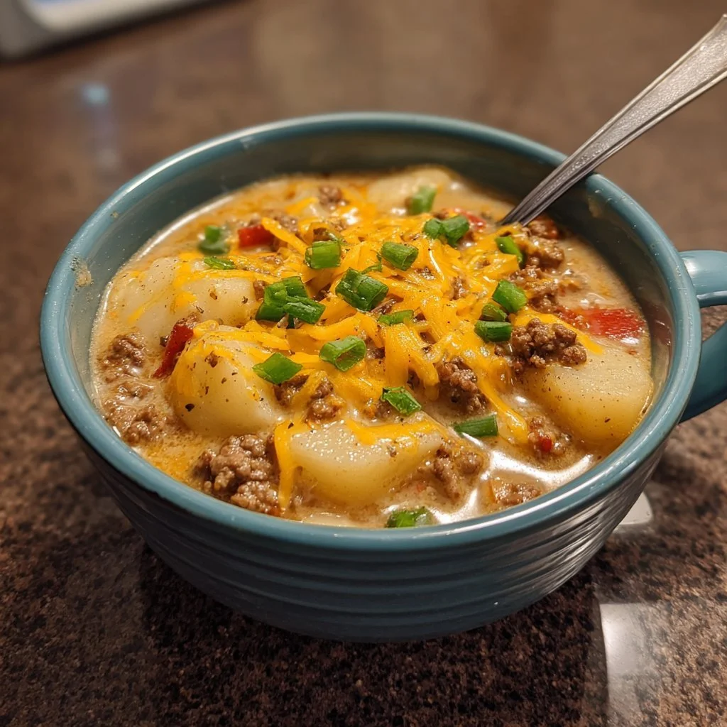 Bowl of cheesy hamburger potato soup garnished with herbs