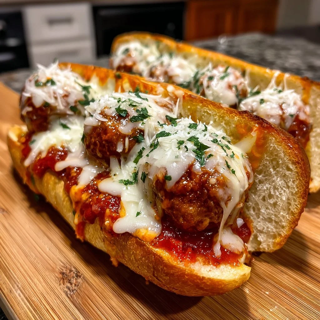 Delicious cheesy meatball subs topped with melted cheese and marinara sauce.