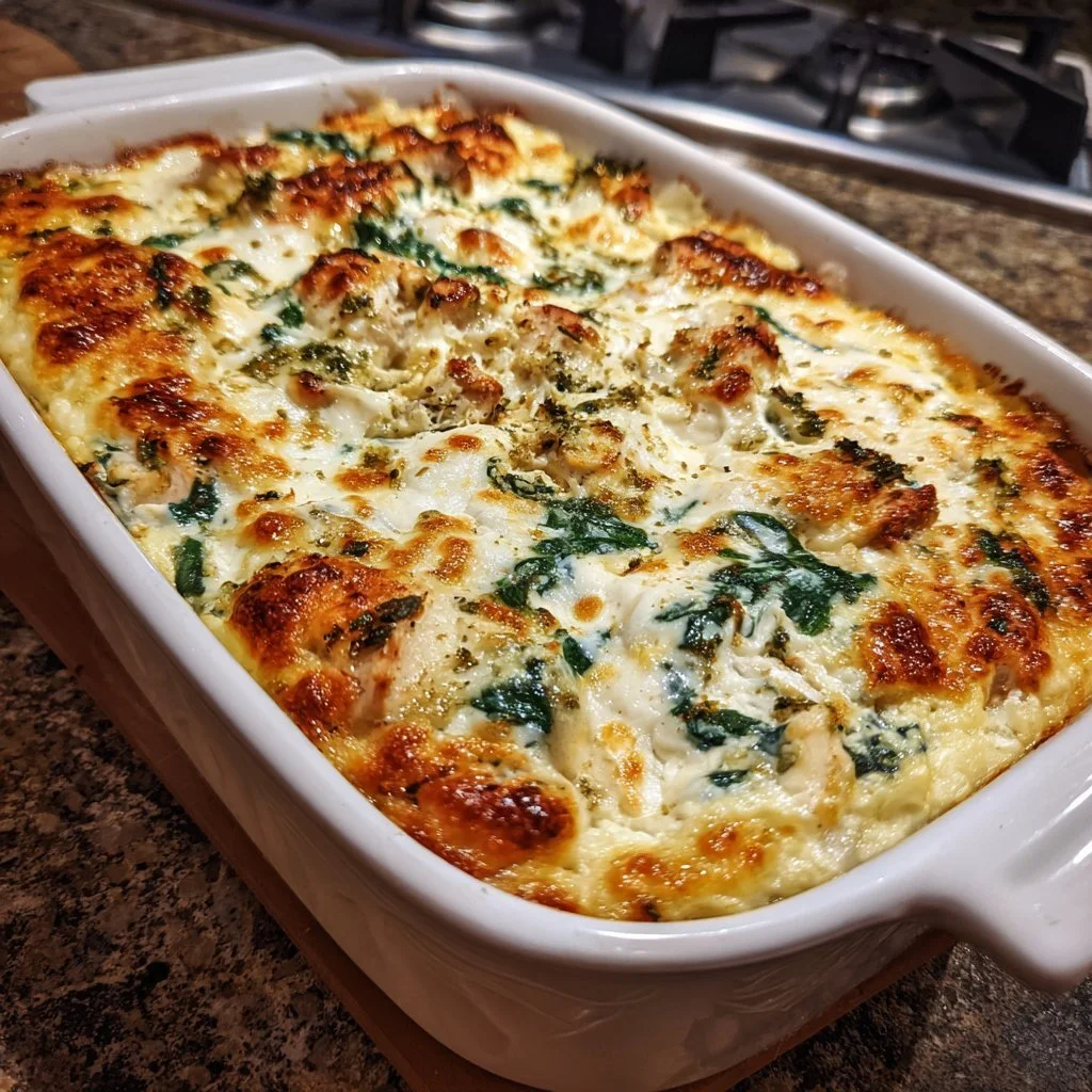 Delicious Chicken Spinach Casserole with Cream Cheese served in a baking dish
