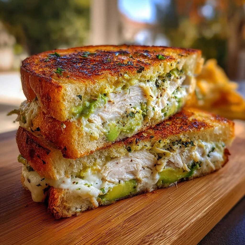 Delicious Chicken Avocado Melt sandwich served with fresh ingredients.