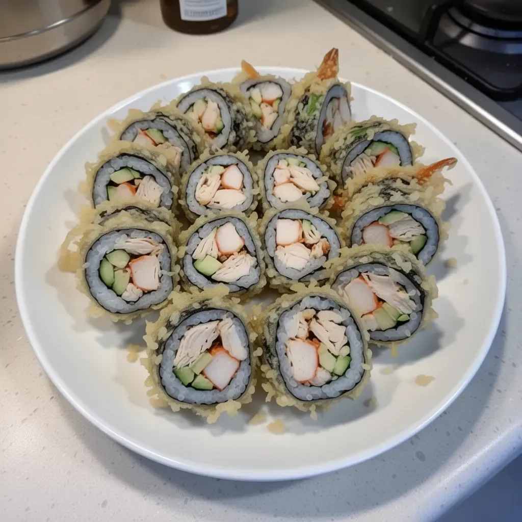Delicious Chicken Tempura Roll garnished with fresh vegetables and sauces