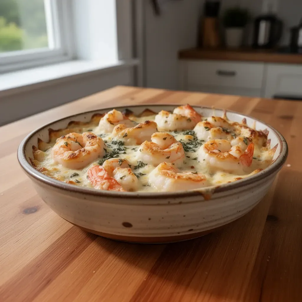 Classic Seafood Gratin topped with herbs and cheese, baked until golden brown.