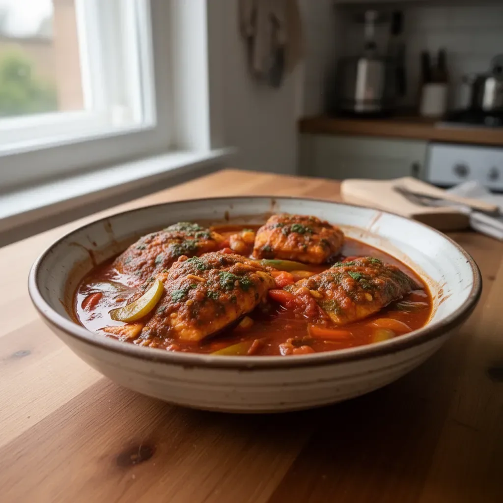 Delicious classic spicy Moroccan fish in rich sauce served on a plate