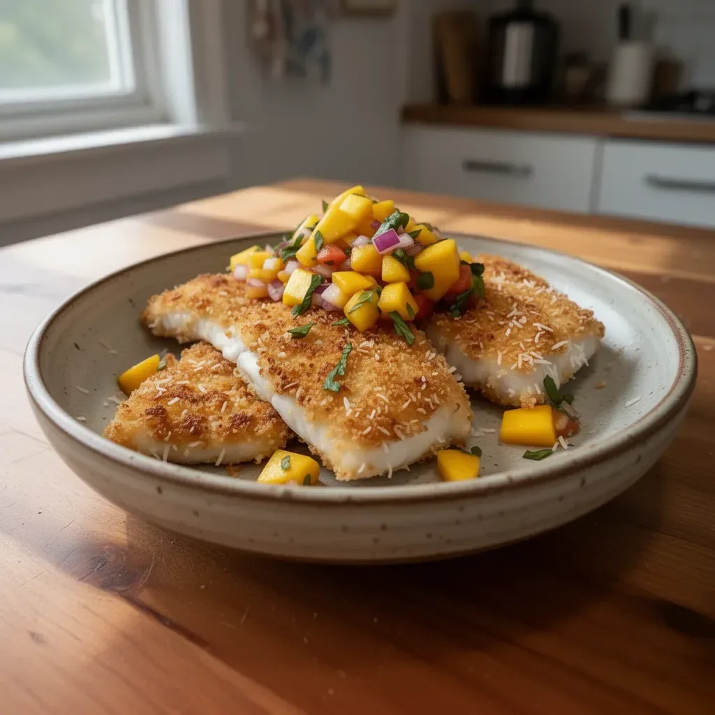 Coconut crusted fish served with vibrant mango salsa on a plate.