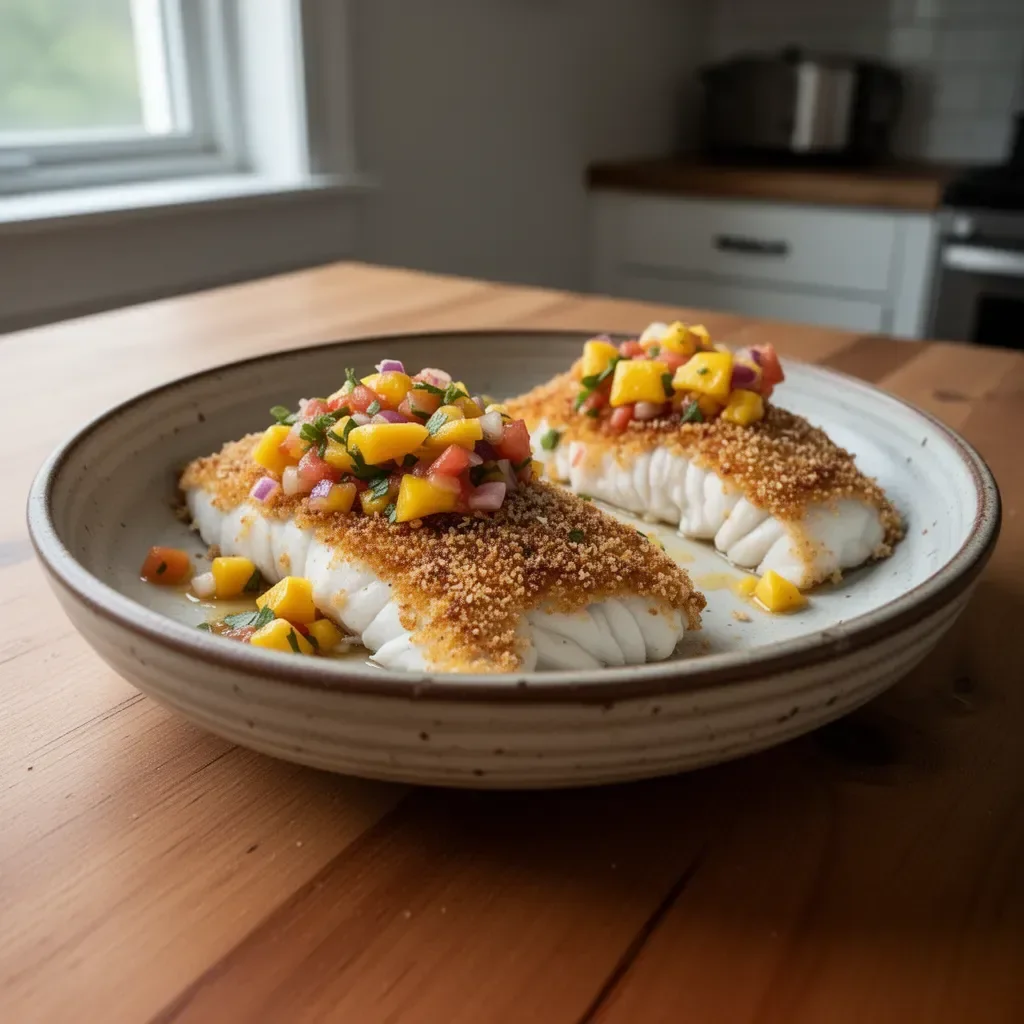 Coconut crusted fish served with vibrant mango salsa on a plate