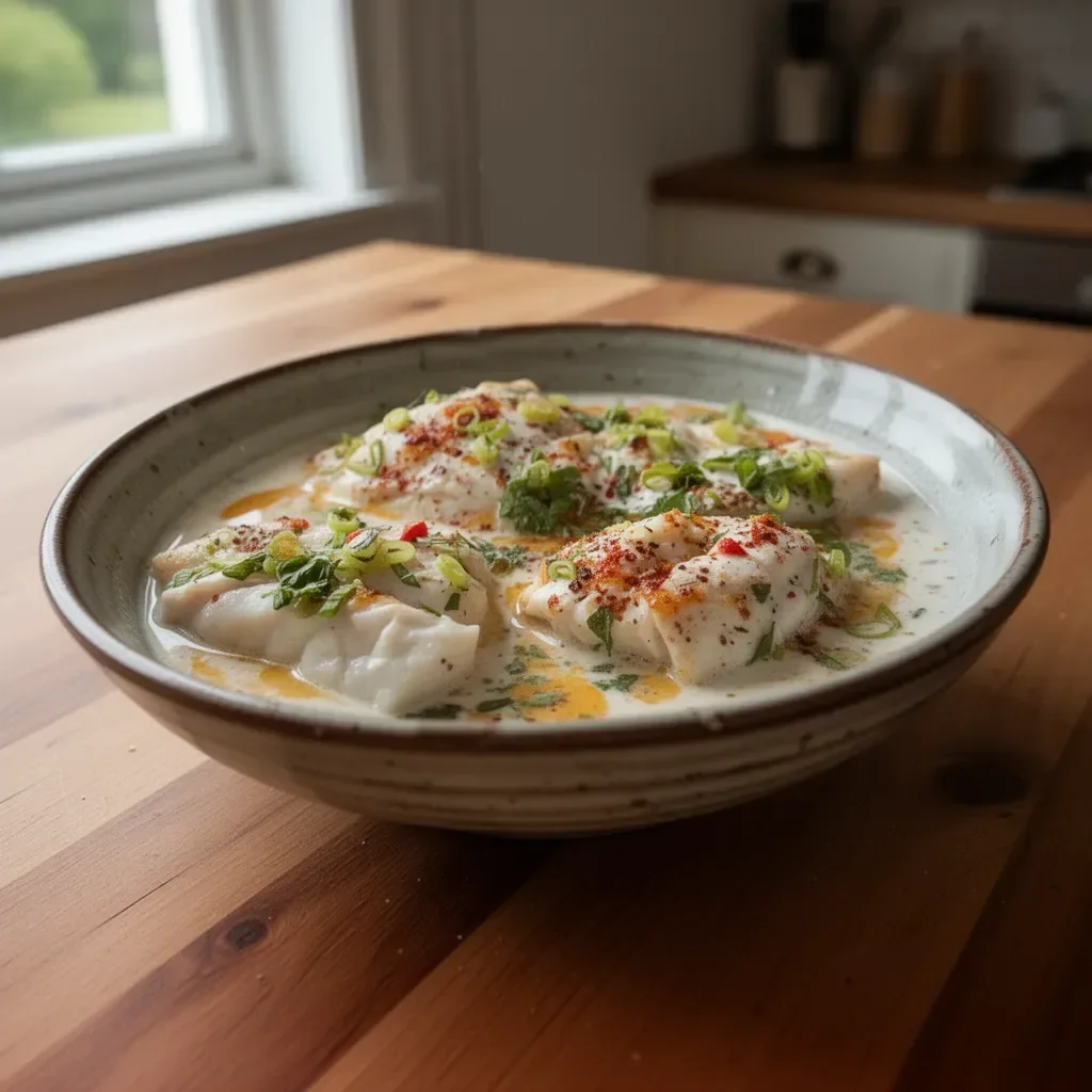 Coconut milk poached fish served with fresh herbs and vegetables.