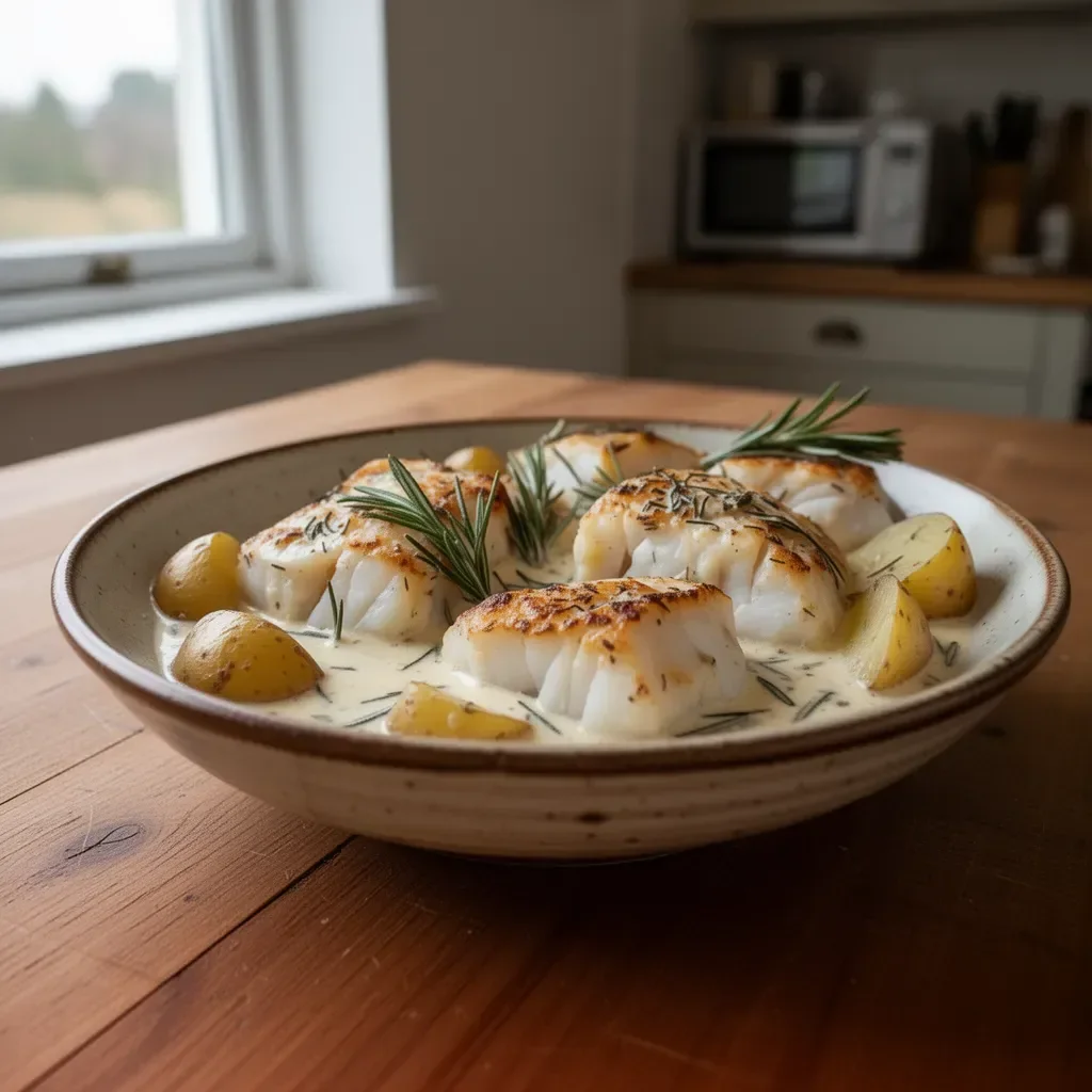 Cod and potatoes served in a creamy rosemary sauce.