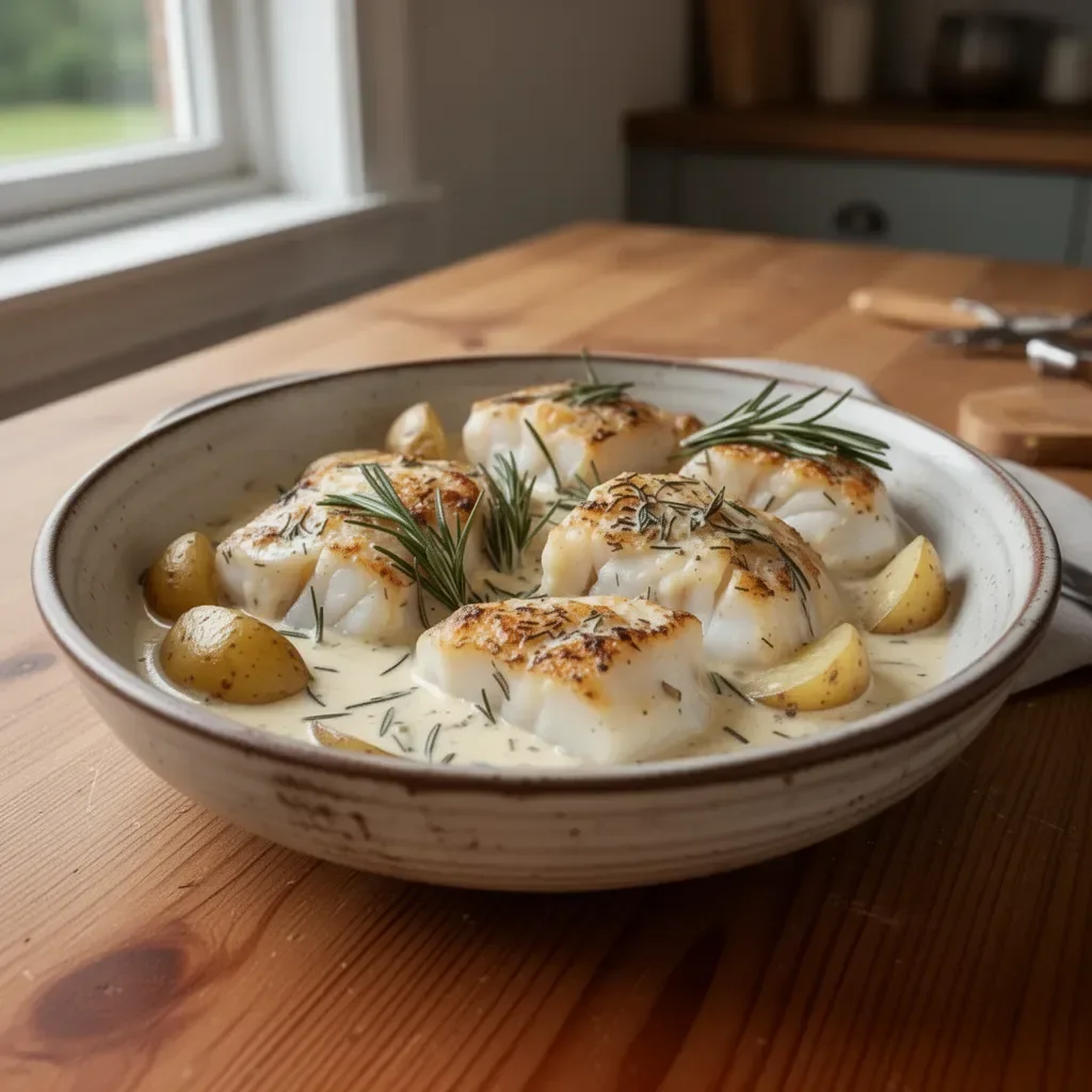 Plate of Cod and Potatoes served in Rosemary Cream Sauce