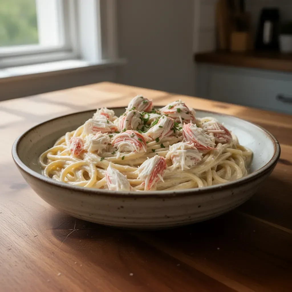 Creamy Crab Alfredo pasta topped with fresh crab meat and herbs