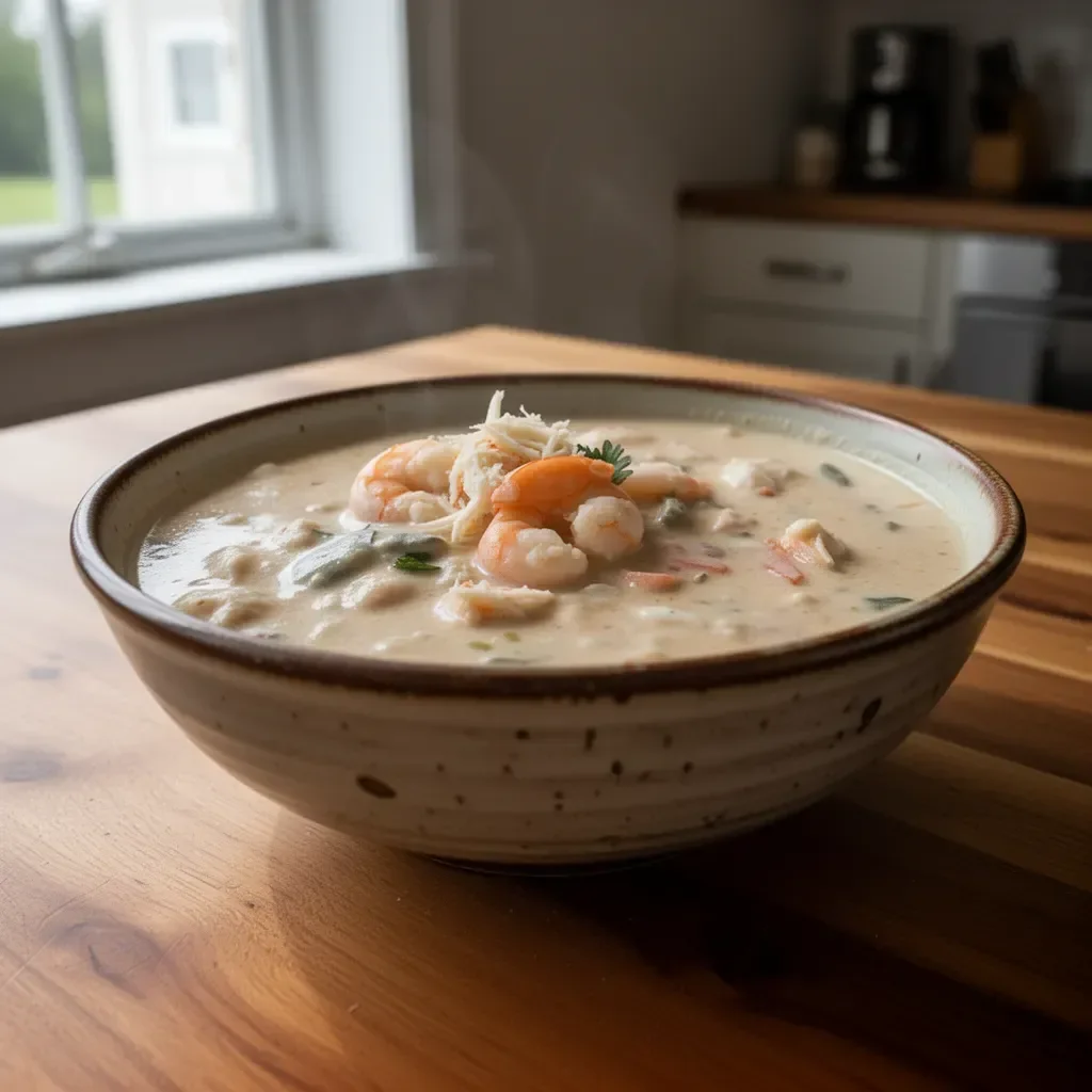 Delicious crab and shrimp seafood bisque served in a bowl with herbs