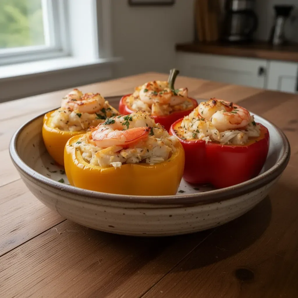 Delicious crab and shrimp stuffed bell peppers served on a plate