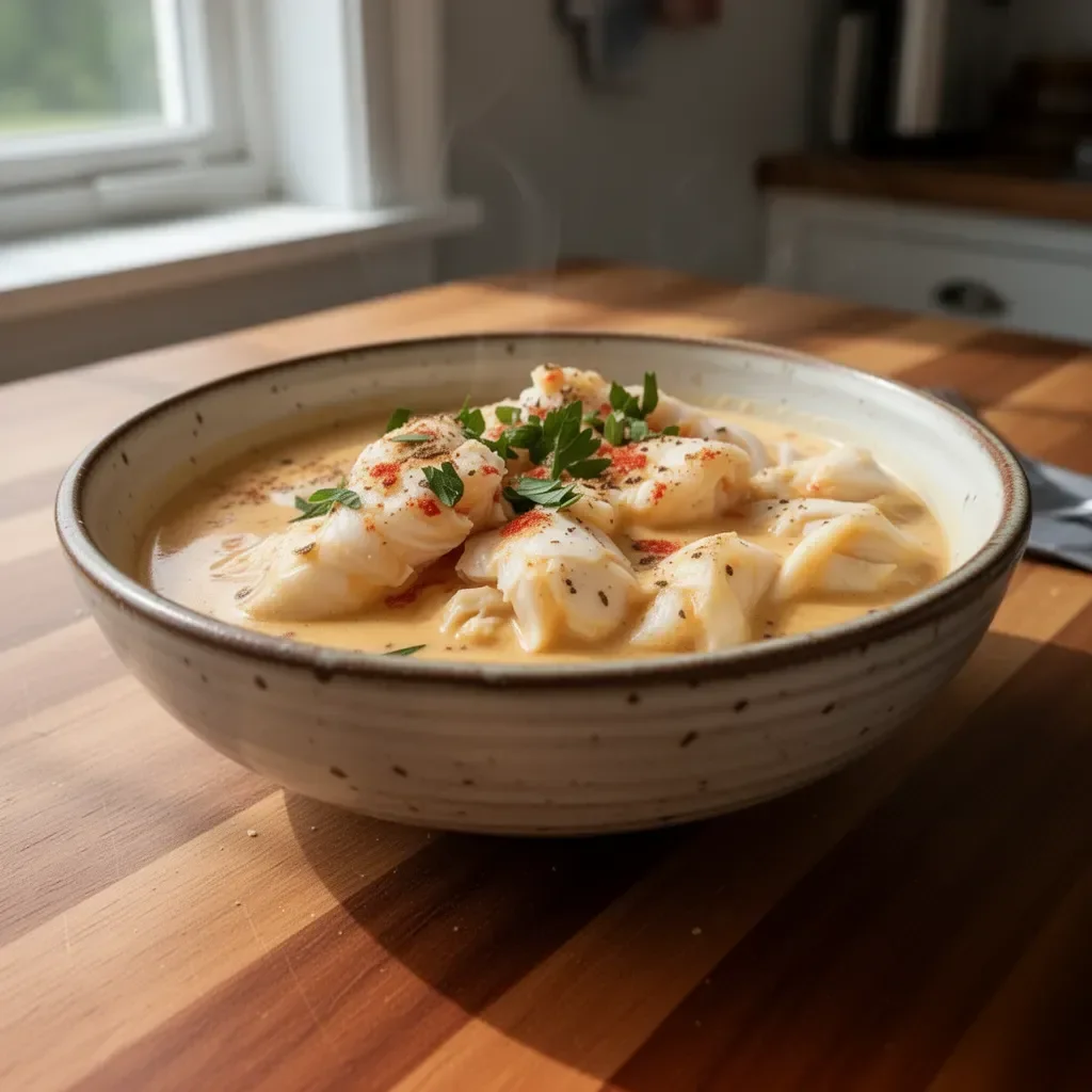 Delicious homemade crab bisque served in a bowl with fresh herbs.