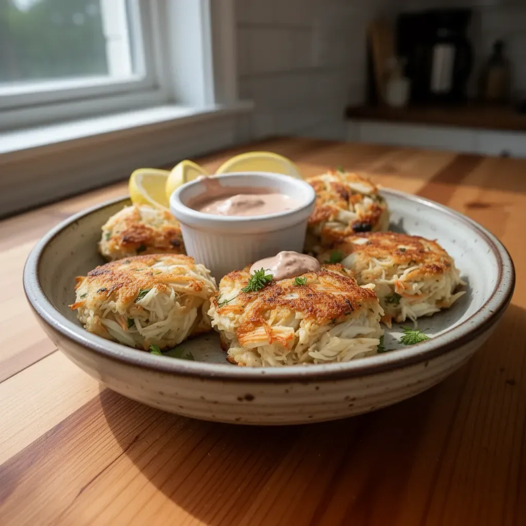 Delicious homemade crab cakes served with lemon and dipping sauce