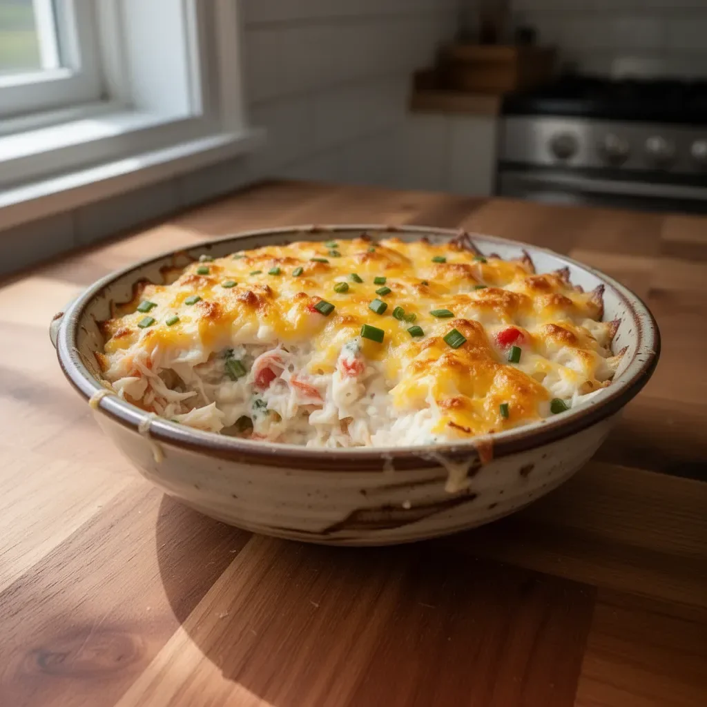 Delicious crab casserole served in a baking dish with a golden crust.