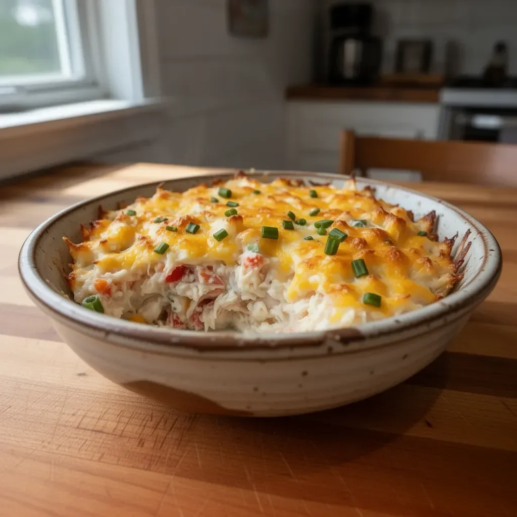 Delicious crab casserole served in a baking dish with a golden topping.