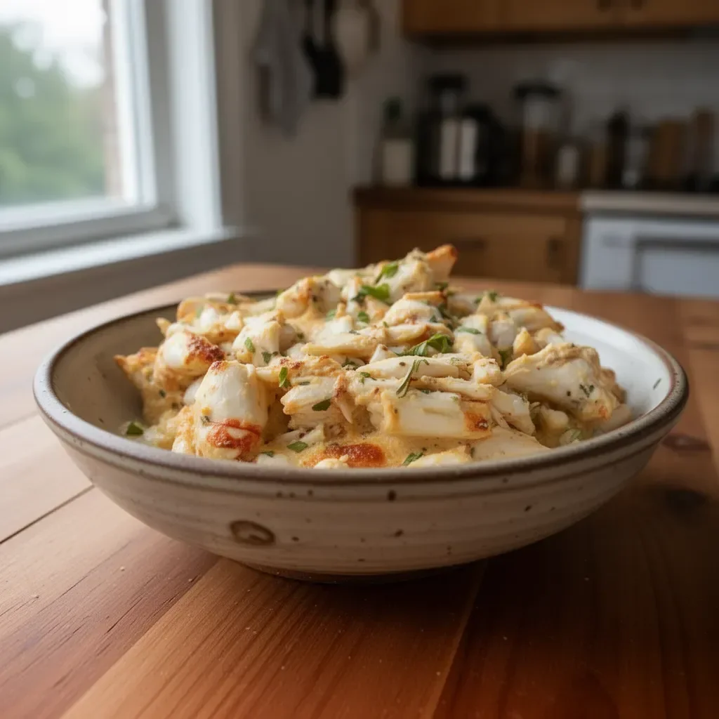 Delicious Crab Imperial dish served in a white ceramic dish with herbs