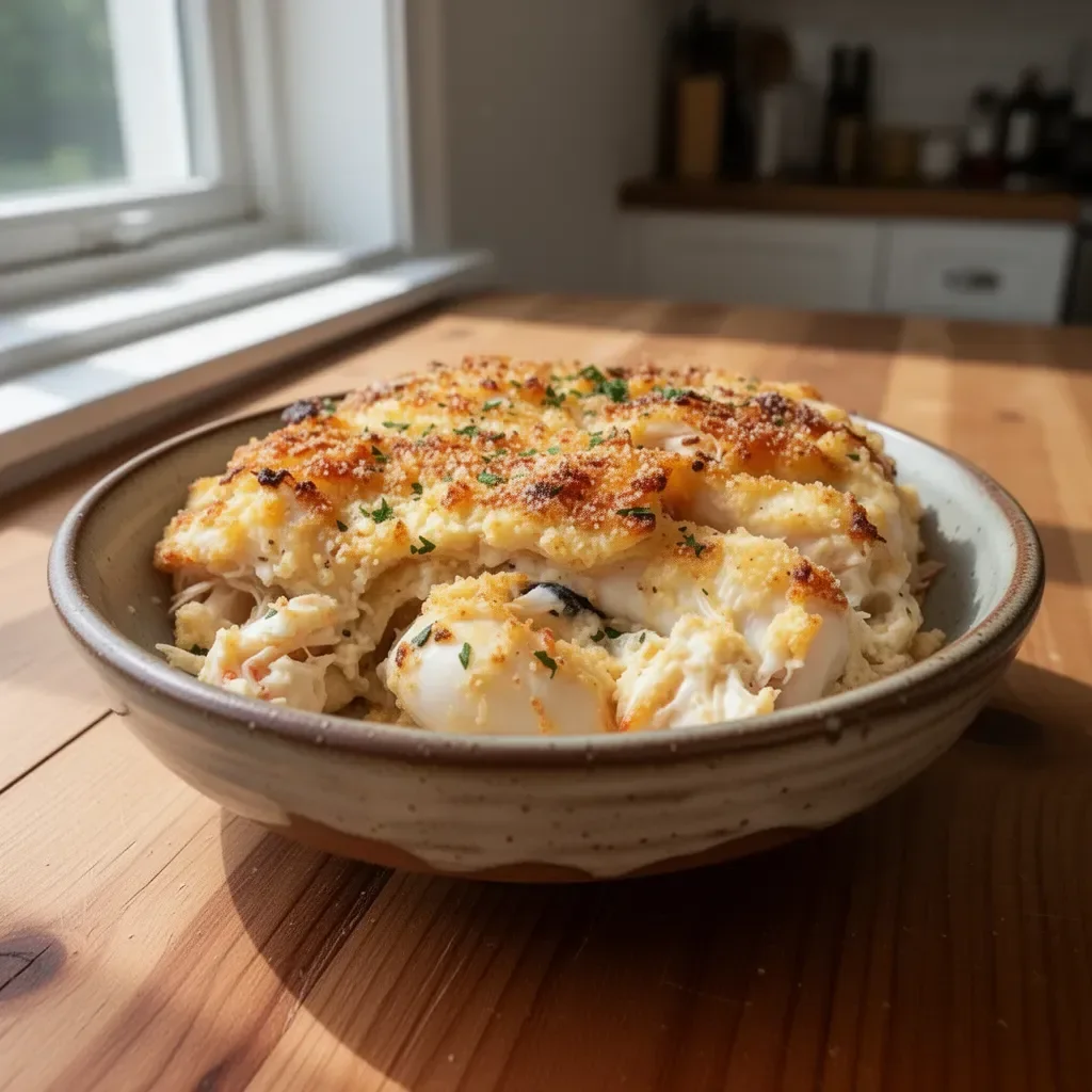 Delicious Crab Imperial dish served with herbs and toppings.