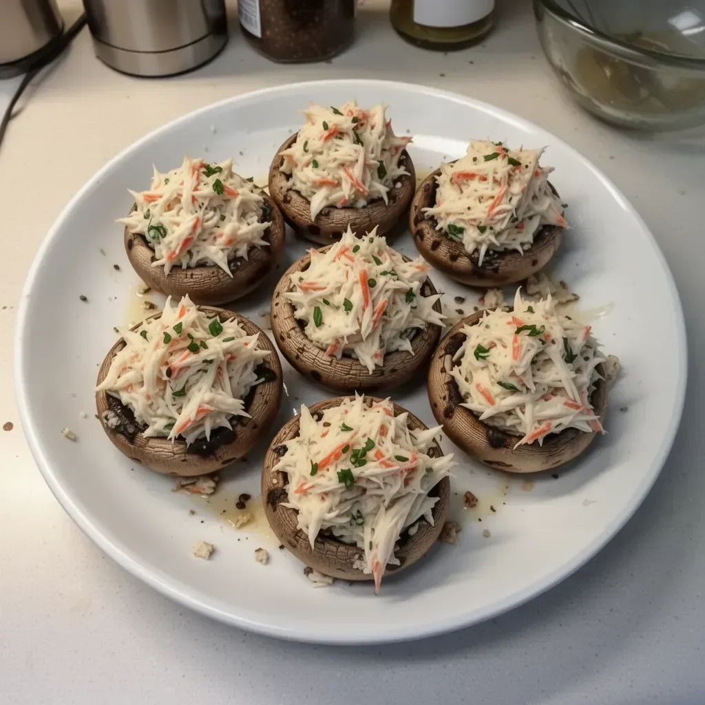 Delicious crab stuffed mushrooms topped with cheese and herbs.