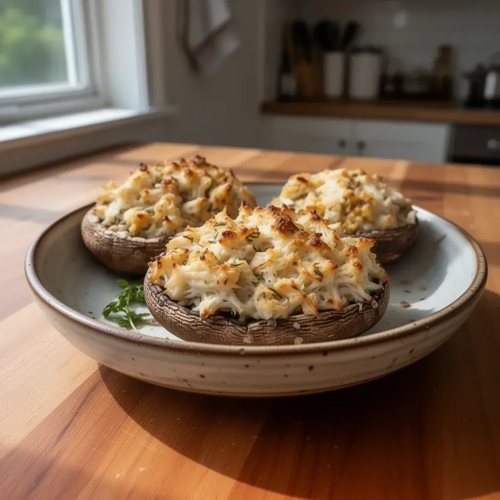 Crab-stuffed portobello mushrooms topped with herbs and cheese