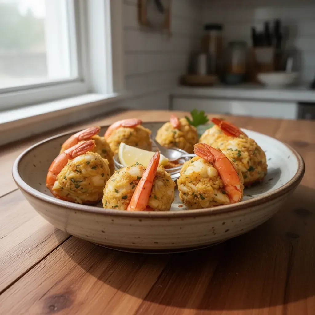 Plate of delicious crab stuffed shrimp garnished with herbs