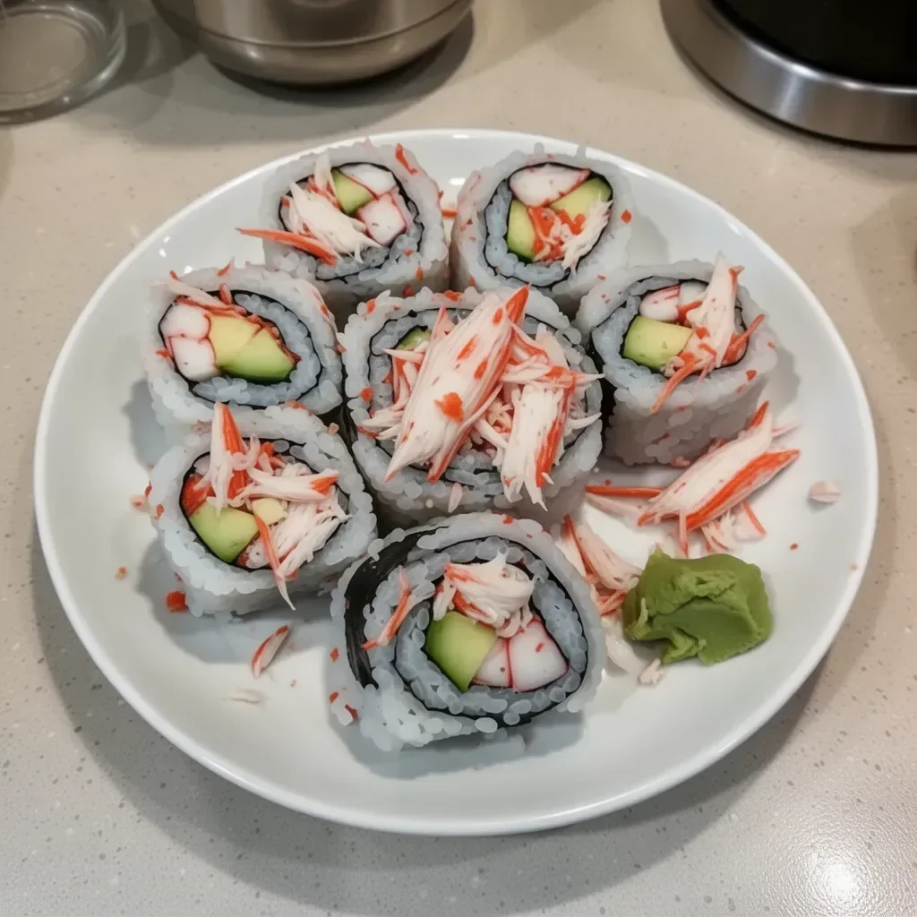 Delicious crab sushi rolls with vibrant colors and fresh ingredients.