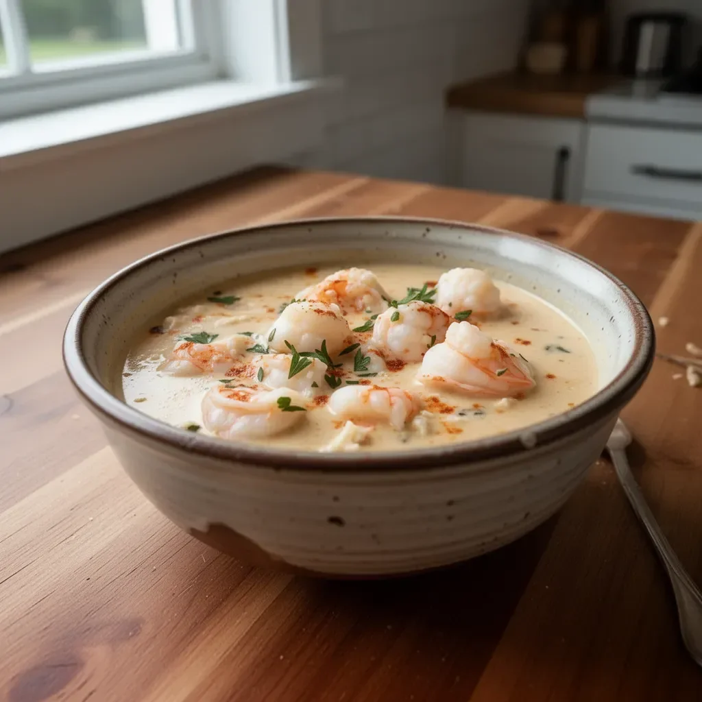 Bowl of creamy crab and shrimp bisque garnished with herbs