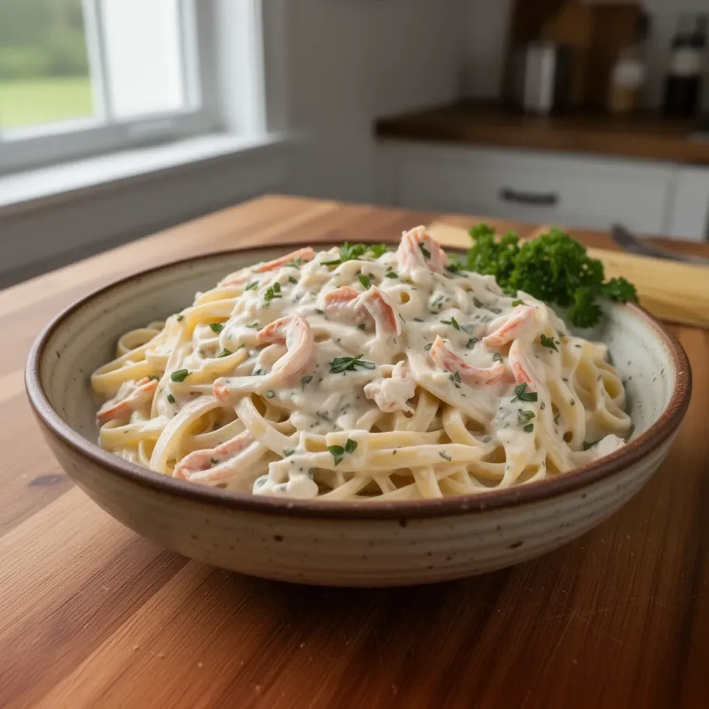 Creamy crab fettuccine alfredo served in a bowl with parsley garnish