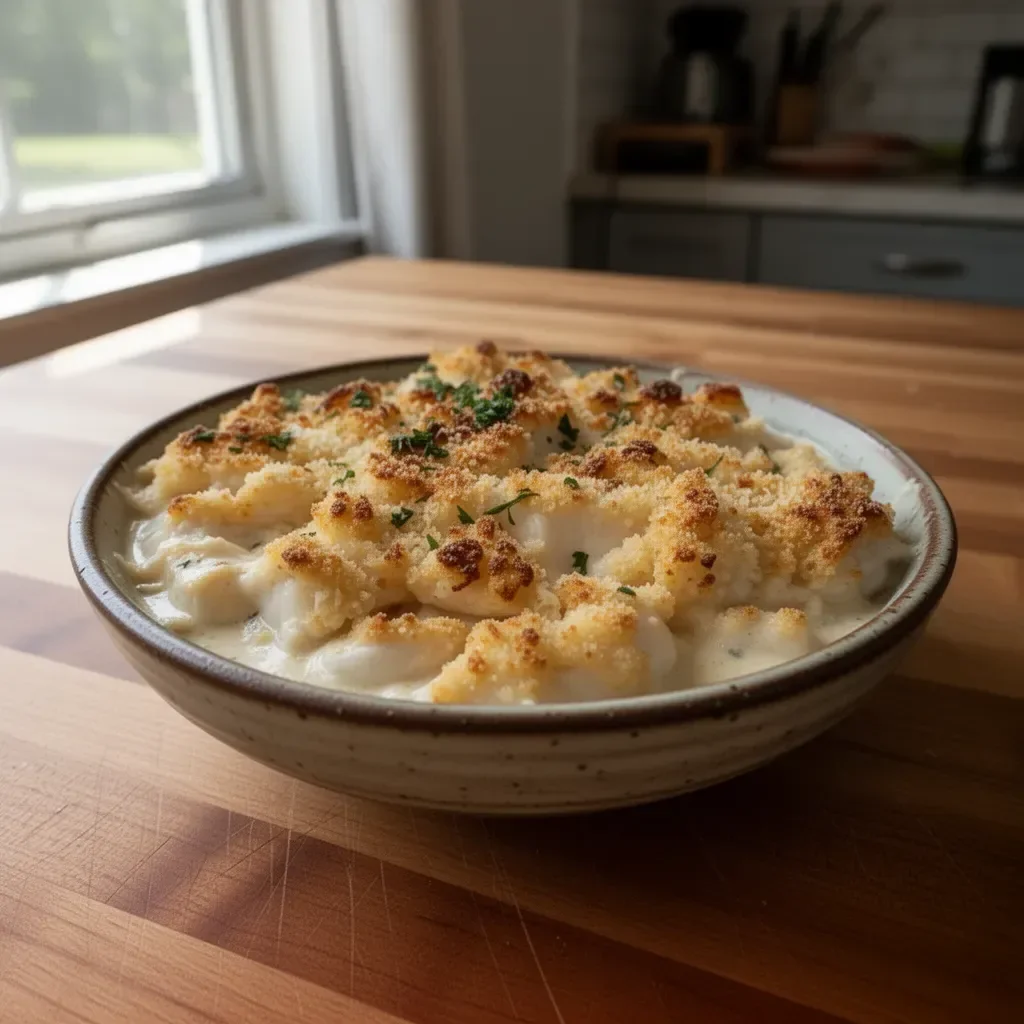 Delicious serving of creamy crab imperial topped with herbs and spices