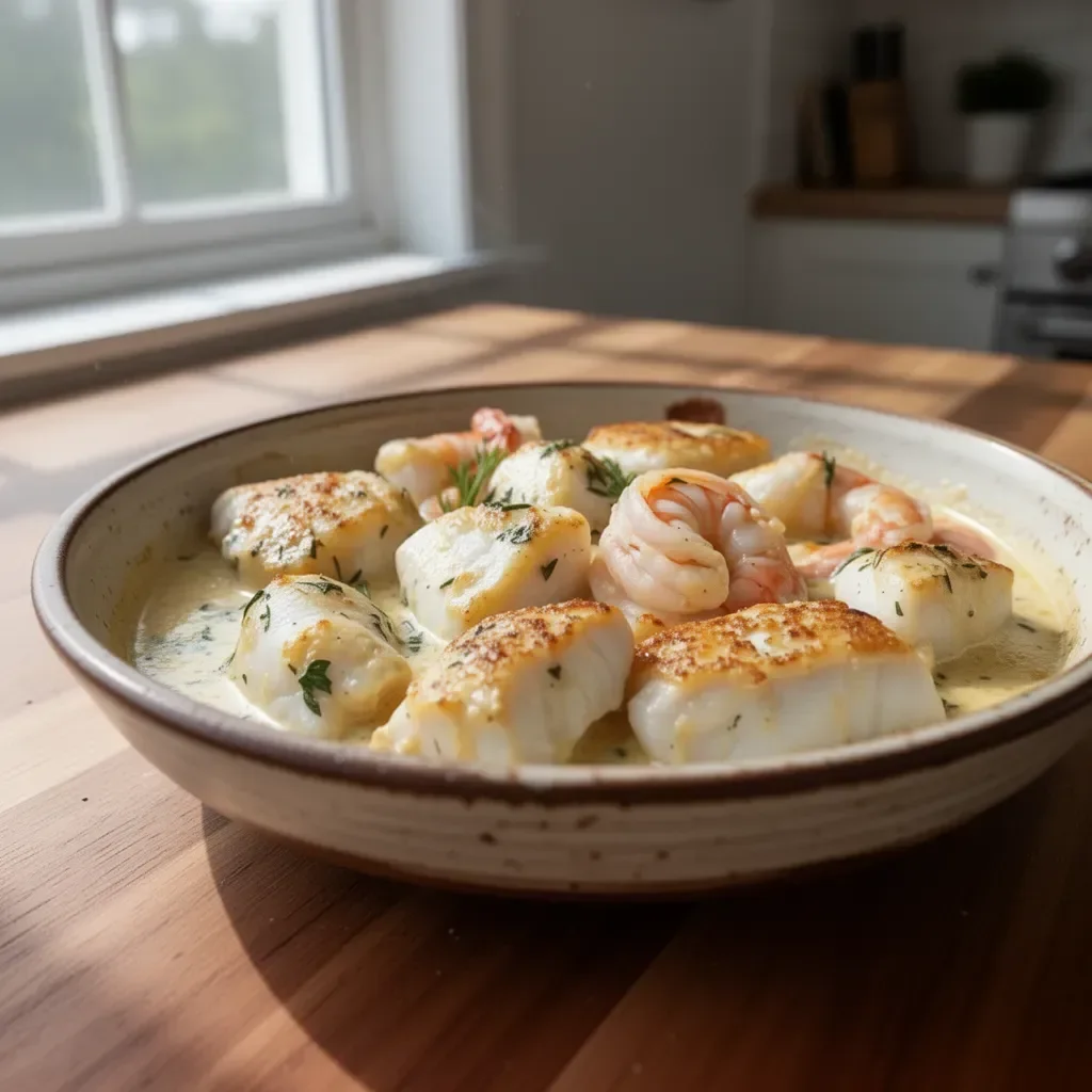 Creamy garlic butter cod and shrimp skillet dish ready to serve.