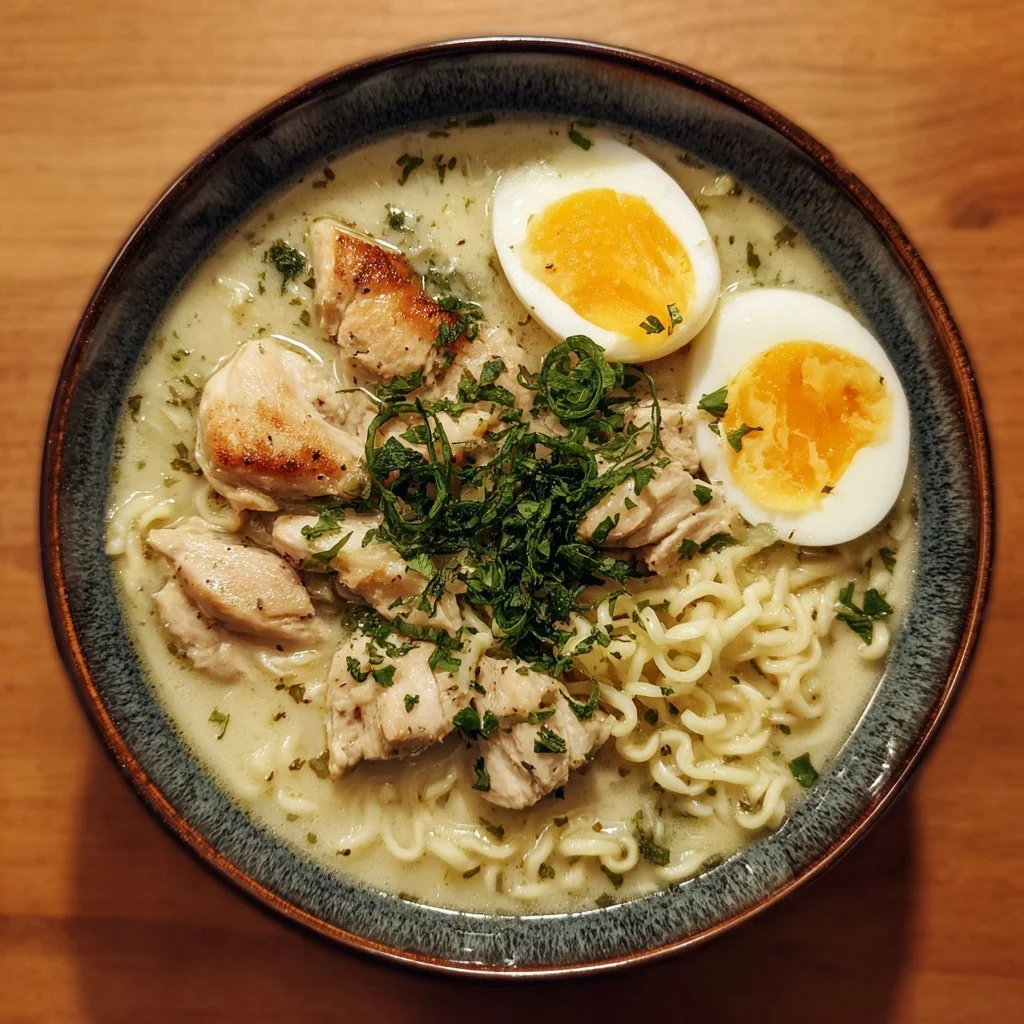 Bowl of creamy garlic chicken ramen garnished with green onions.