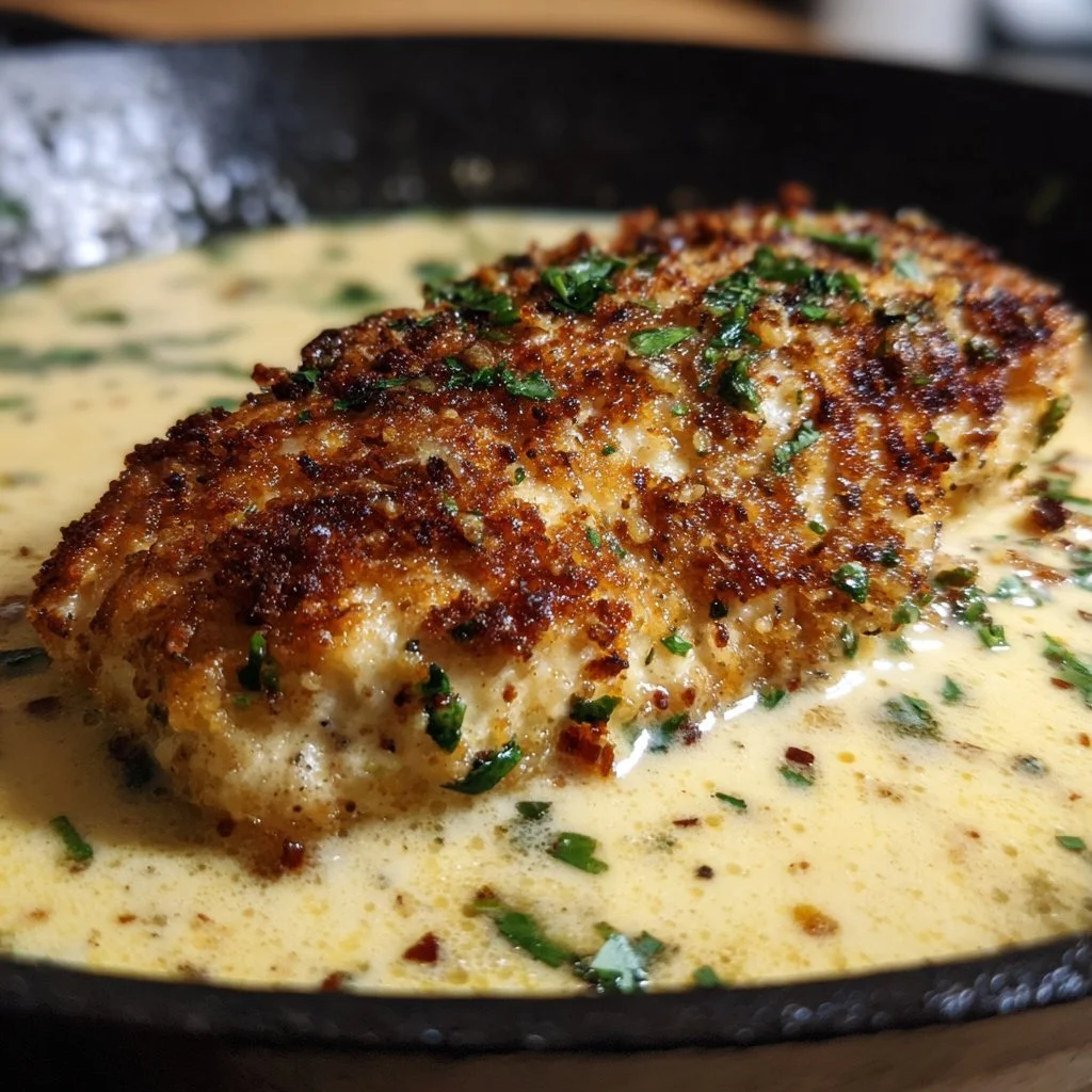 Creamy garlic Parmesan chicken breast served with herbs and melted cheese
