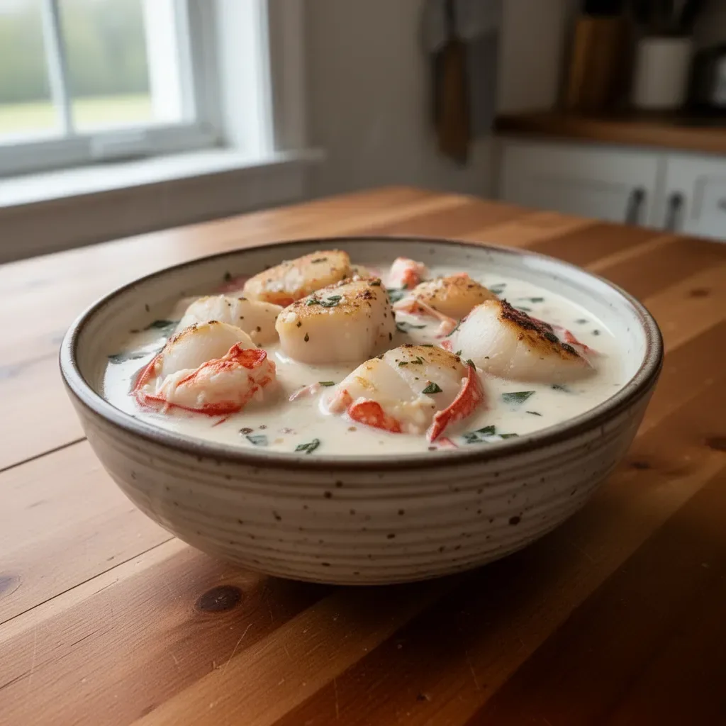 Creamy lobster and scallop chowder served in a bowl with herbs