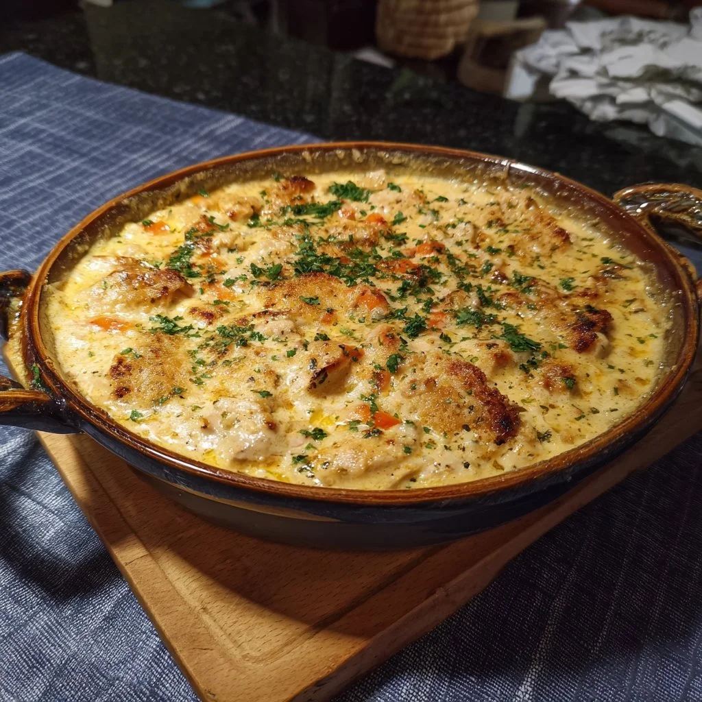 Creamy low carb chicken casserole topped with cheese and herbs