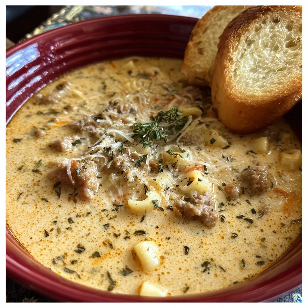 Bowl of creamy parmesan Italian sausage ditalini soup with fresh herbs