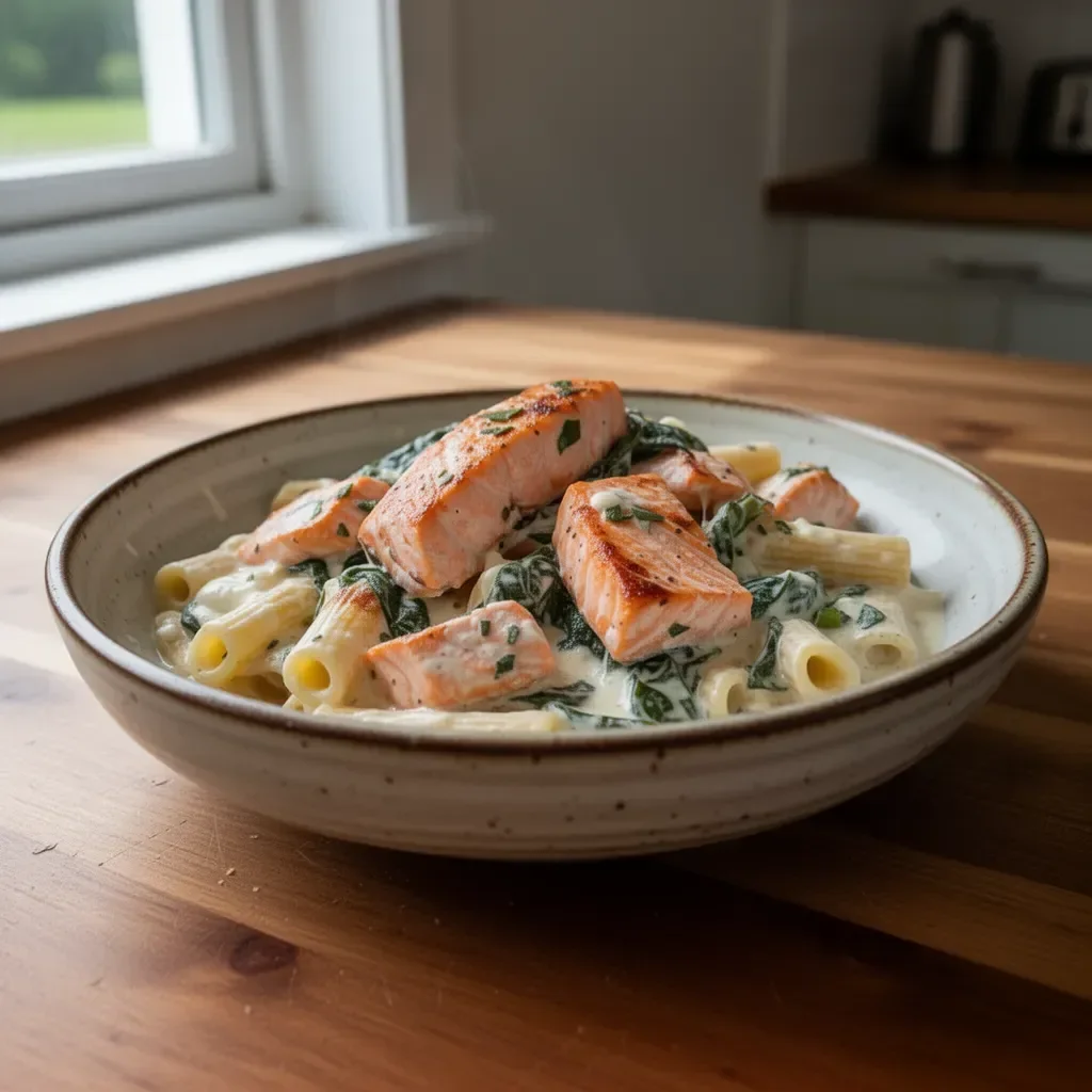 Bowl of creamy salmon pasta with fresh herbs and a drizzle of olive oil