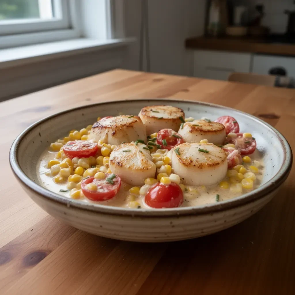 Creamy scallops dish with corn and tomatoes served in a bowl