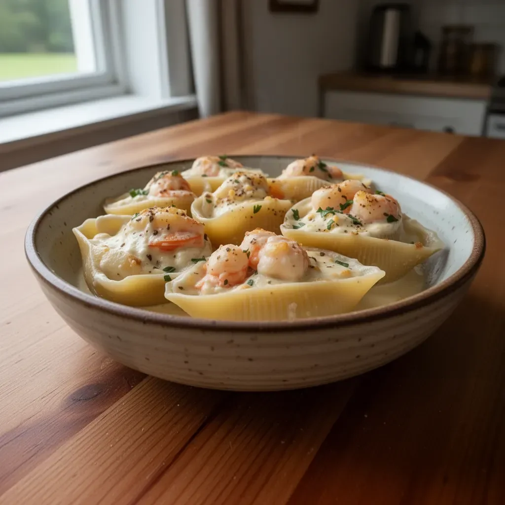 Creamy seafood stuffed shells filled with fresh seafood and rich sauce.