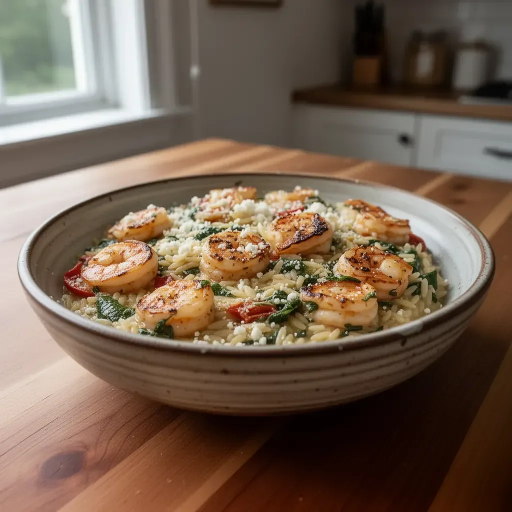 Creamy shrimp orzo with lemon and feta in a bowl, garnished with parsley.