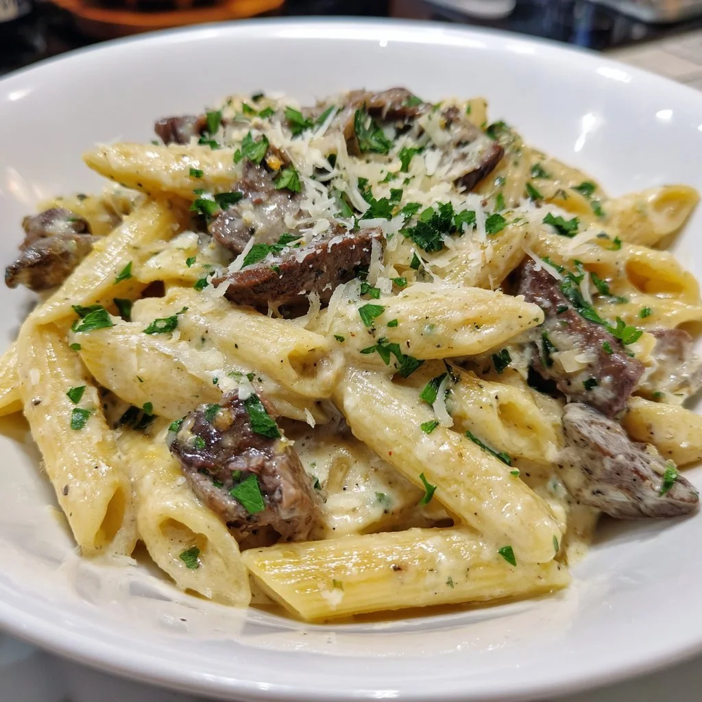 Creamy steak pasta served in a bowl with fresh herbs and parmesan cheese