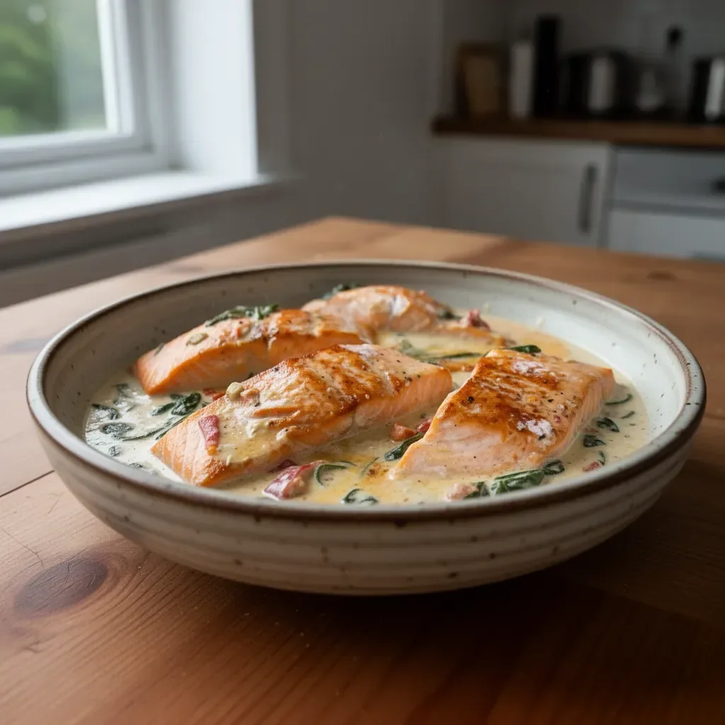 Creamy Tuscan salmon dish garnished with fresh herbs and vegetables